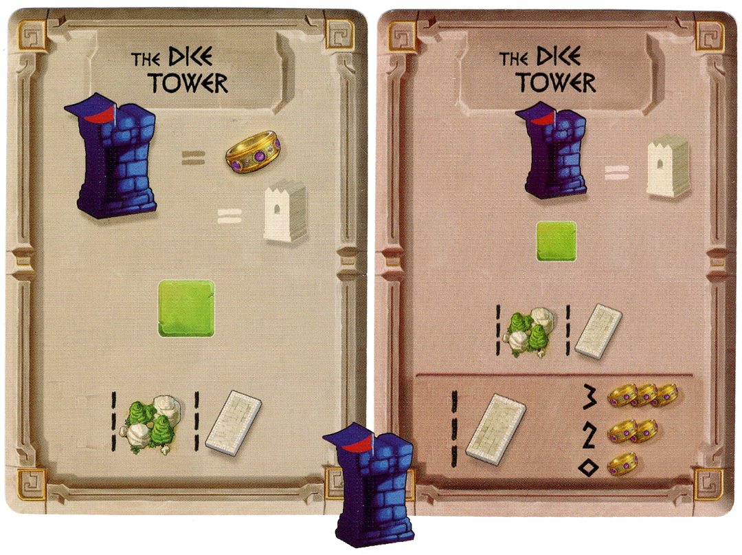 A promo of two cards and a wooden token for use with the board game World Wonders. Both cards are labeled "The Dice Tower" and have symbols printed a cartoon depiction of the wooden token. The wooden token shows a blue stone tower with a red flag flying at the top.