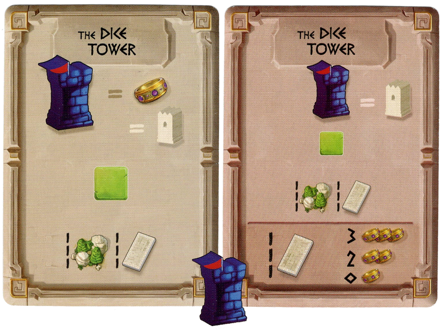 A promo of two cards and a wooden token for use with the board game World Wonders. Both cards are labeled "The Dice Tower" and have symbols printed a cartoon depiction of the wooden token. The wooden token shows a blue stone tower with a red flag flying at the top.