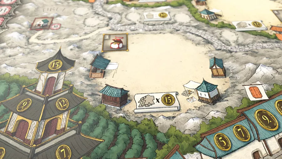 A photo of some components from the board game Yunnan. Pictured is a close up of the game board, showing artwork that looks like a overhead, angled view of a town with buildings.