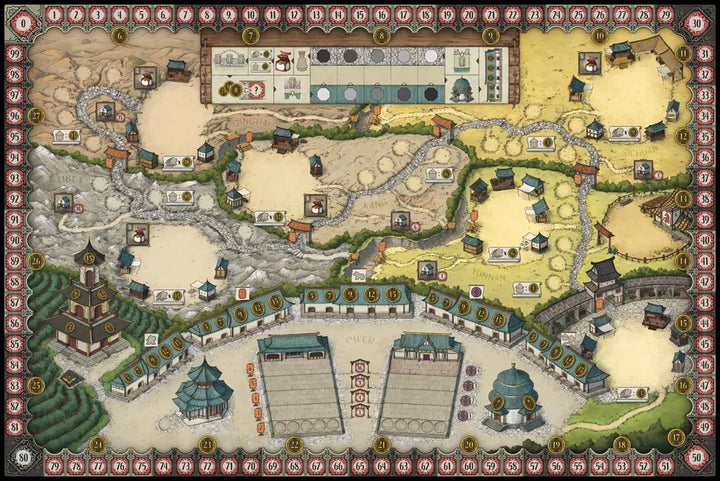 A photo of the game board from the board game Yunnan. The board art shows a complete town from overhead, with a scoretrack around the edges.