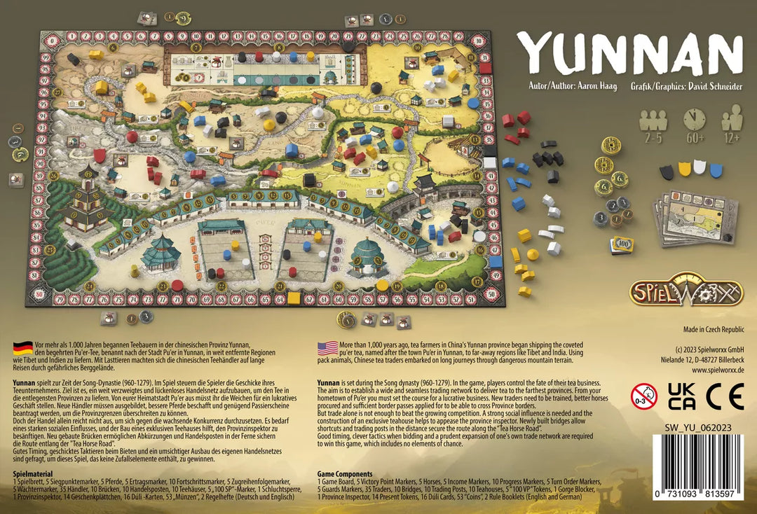 The back of the box from the board game Yunnan, which shows the game's title, an illustration of the game board, some of the components, and a description written in both German and English.