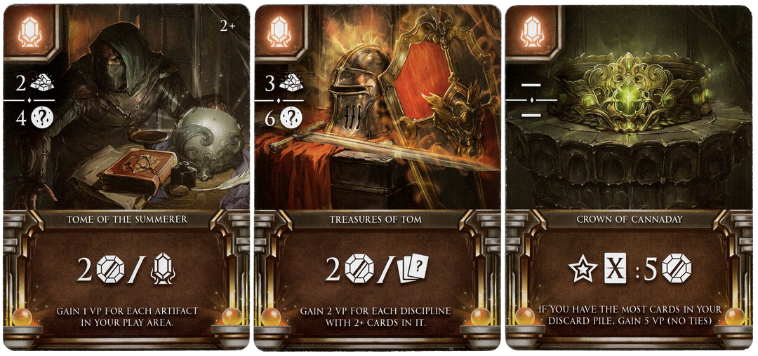 A set of three cards for use with the board game Arcana Rising. Each card displays symbols in the left upper corner, and a combination of symbols and text at the bottom. The first card's illustration shows armor and a sword on a red cloth, the second card shows a masked person gathering a book and other valuables, and the third card showing a crown with a glowing green gem.