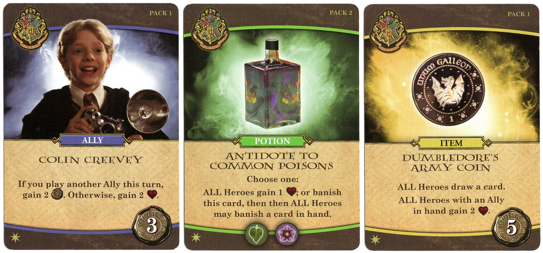 Three promo cards for use with the board game Hogwarts Battle. Each card features an illustration at the top, the card's title in the middle, and text describing the card's ability in the game at the bottom.