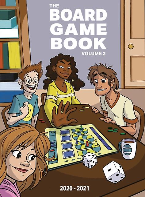 The cover illustration to the book "The Board Game Book, Volume 2", featuring a cartoon illustration of four people at table playing a board game together.