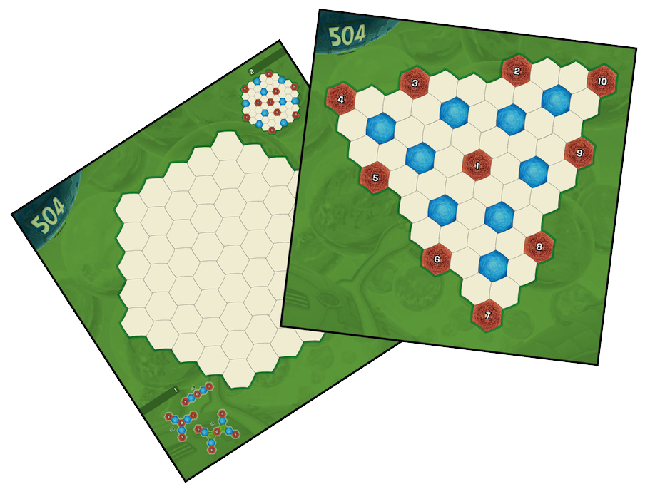 Front and back images of the set-up poster for the board game 504, depicting a hex grid on a green background