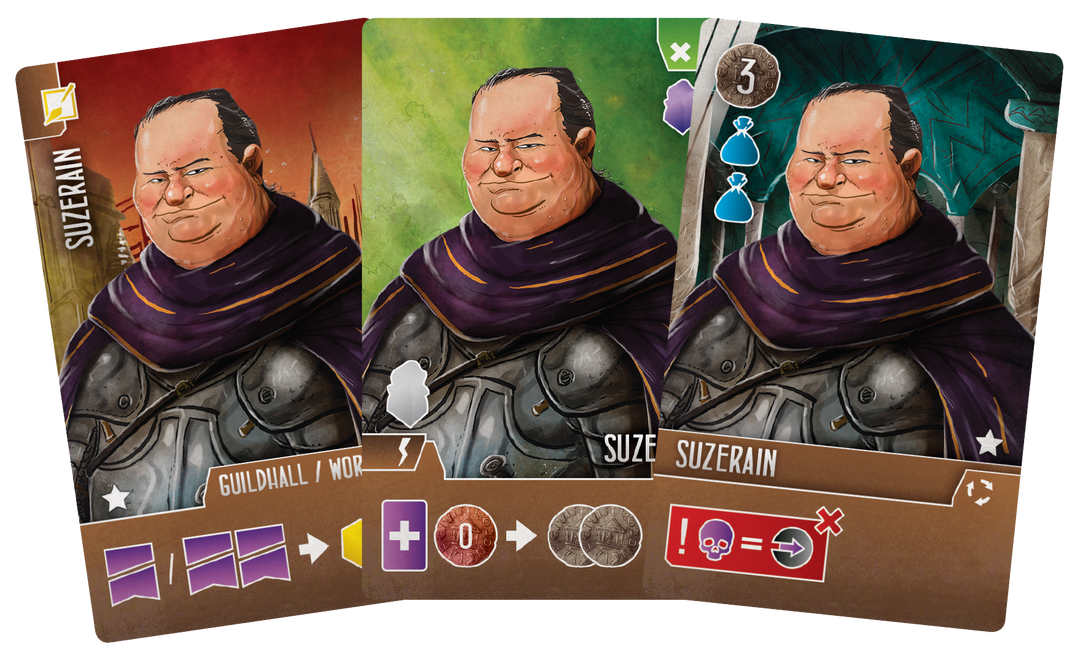 A set of three cards for use with the board games Architects of the West Kingdom, Paladins of the West Kingdom, and Viscounts of the West Kingdom. Each card depicts the same illustration of a man in armor, with a uniquely colored background, and symbols specific to that card's effect in each of the three games.