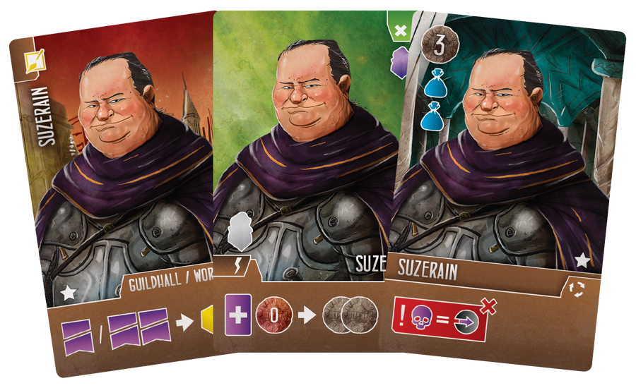 A set of three cards for use with the board games Architects of the West Kingdom, Paladins of the West Kingdom, and Viscounts of the West Kingdom. Each card depicts the same illustration of a man in armor, with a uniquely colored background, and symbols specific to that card's effect in each of the three games.