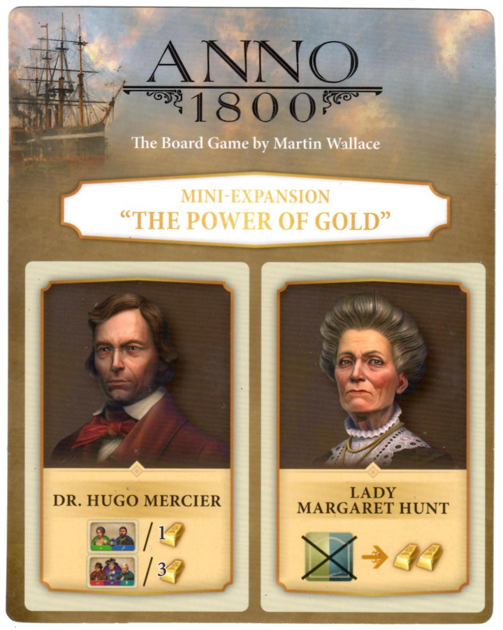 The Power of Gold promo for use with the board game Anno 1800, featuring the names of the game and promo at the top and two portraits, one of a clean-shaven caucasian man and an older woman.