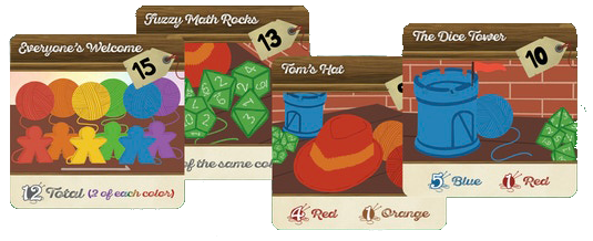A set of four cards called the Special Request Promo Pack, for use with the board game Arch Ravels, that shows various board game-related items made from yarn: meeples, dice, a hat, and a dice tower.