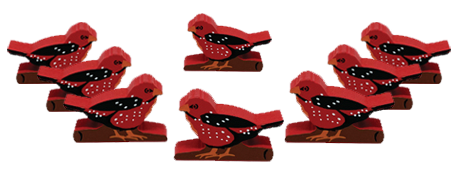 Eight identical, painted, wooden tokens of a strawberry finch, for use with the board game Wingspan.