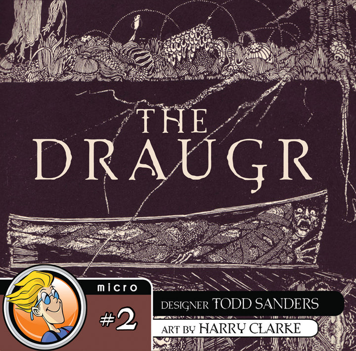 The front cover of the board game The Draugr, with a monochromatic illustration of a corpse in a coffin buried underground.