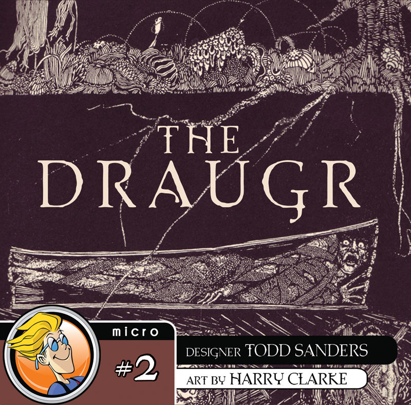 The front cover of the board game The Draugr, with a monochromatic illustration of a corpse in a coffin buried underground.