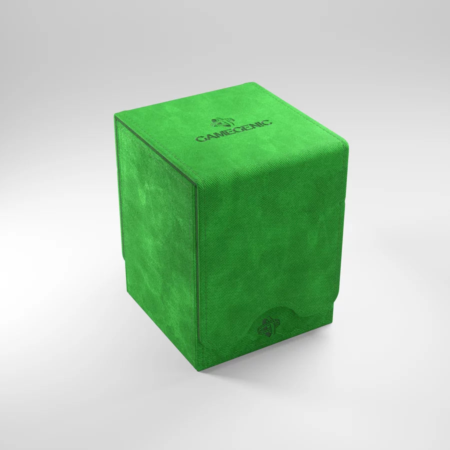 A photo of a green, fabric box on a white background with the lid closed.