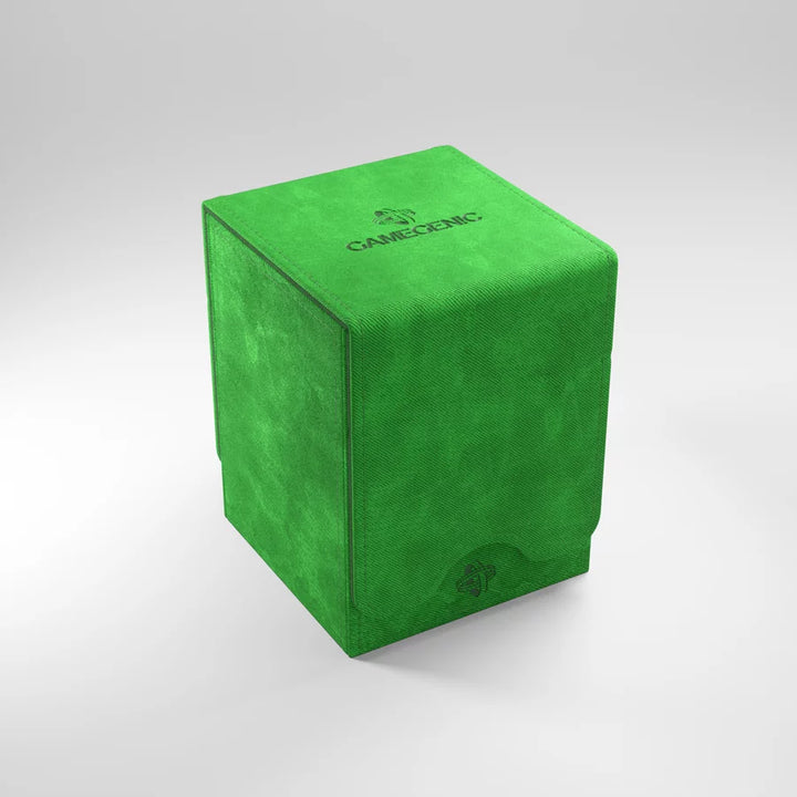 A photo of a green, fabric box on a white background with the lid closed.