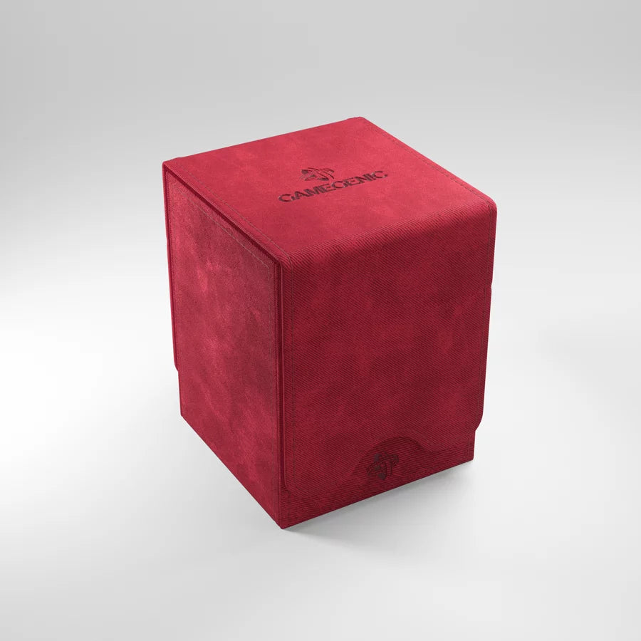 A photo of a red, fabric box on a white background with the lid closed.
