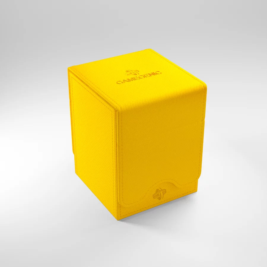 A photo of a yellow, fabric box on a white background with the lid closed.