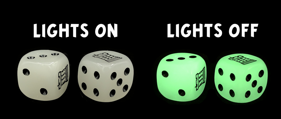 The Dice Tower: Glow-in-the-Dark D6 Dice (set of 2) for use with the board game The Dice Tower, sold at the BoardGameGeek Store