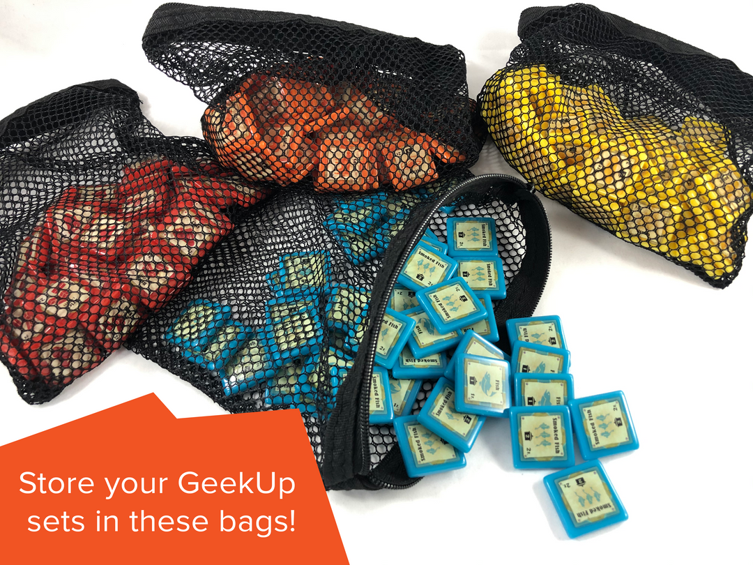 GeekUp Mesh Zipper Bag for use with the board game REORDER, sold at the BoardGameGeek Store