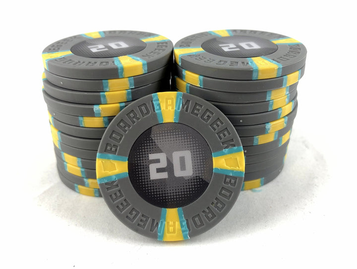 GeekUp Poker Chips (pack of 25) for use with the board game REORDER, sold at the BoardGameGeek Store