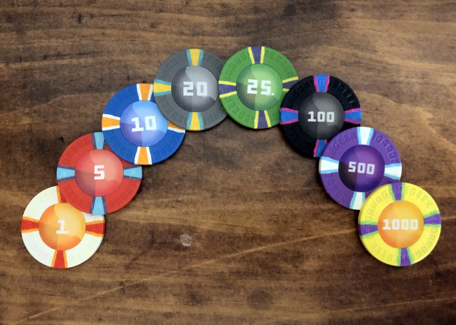 GeekUp Poker Chips (pack of 25) for use with the board game REORDER, sold at the BoardGameGeek Store