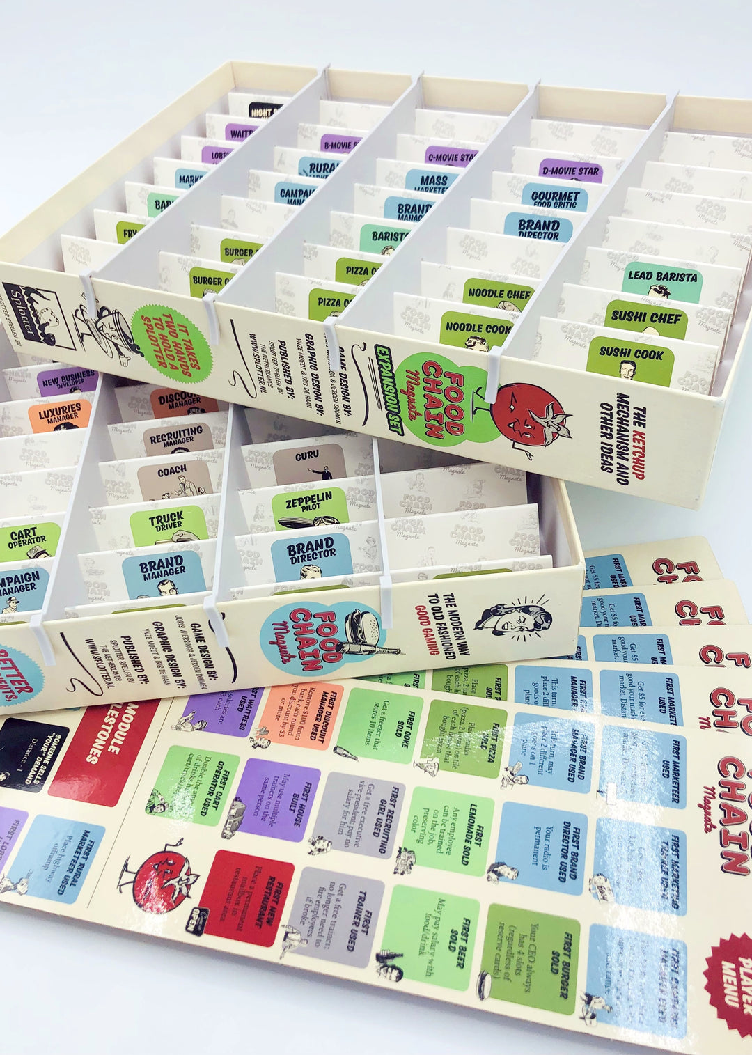 Food Chain Magnate: Milestone Boards & Card Accordion for use with the board game F, Food Chain Magnate, Food Chain Magnate: The Ketchup Mechanic, sold at the BoardGameGeek Store