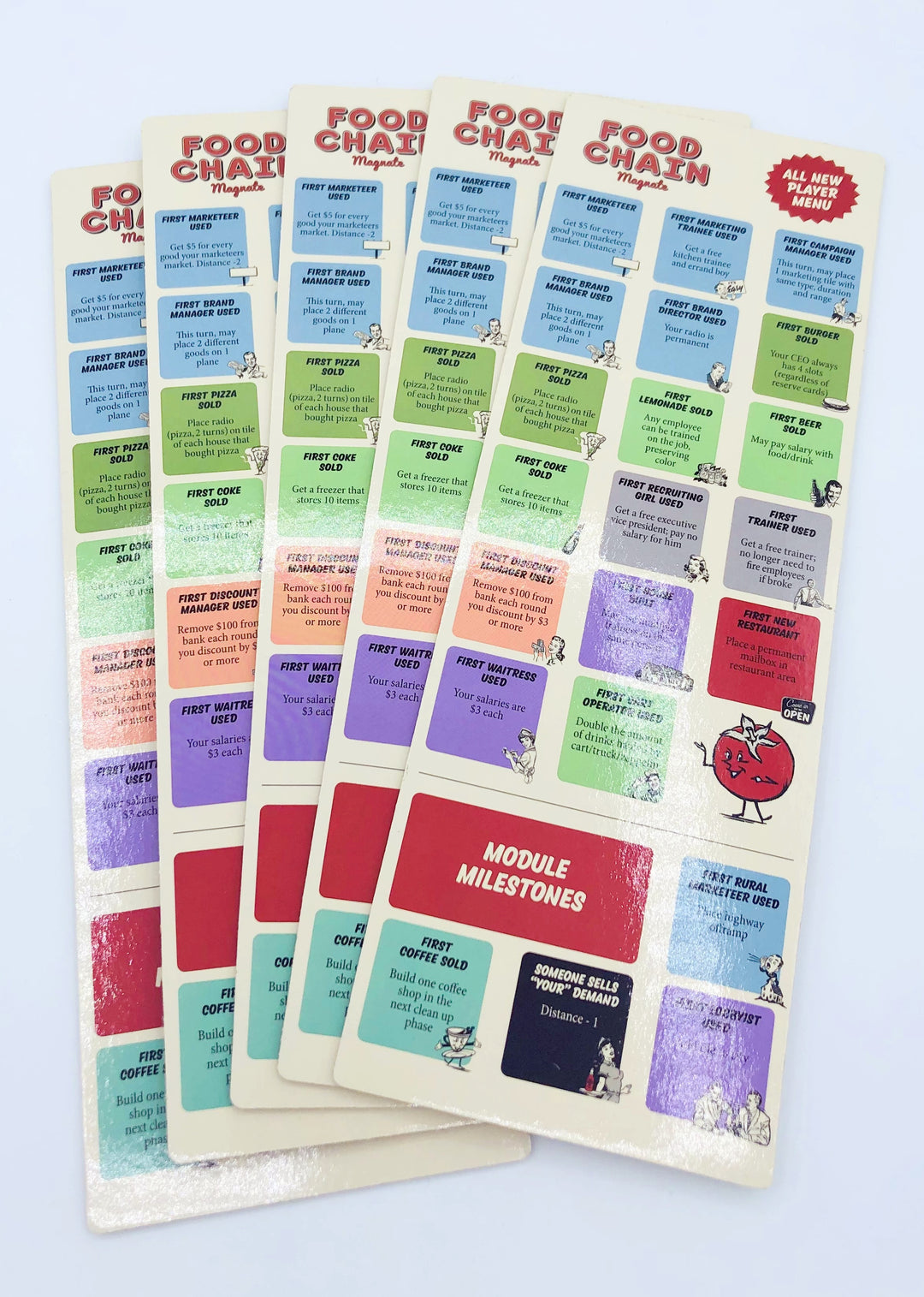 Food Chain Magnate: Milestone Boards & Card Accordion for use with the board game F, Food Chain Magnate, Food Chain Magnate: The Ketchup Mechanic, sold at the BoardGameGeek Store