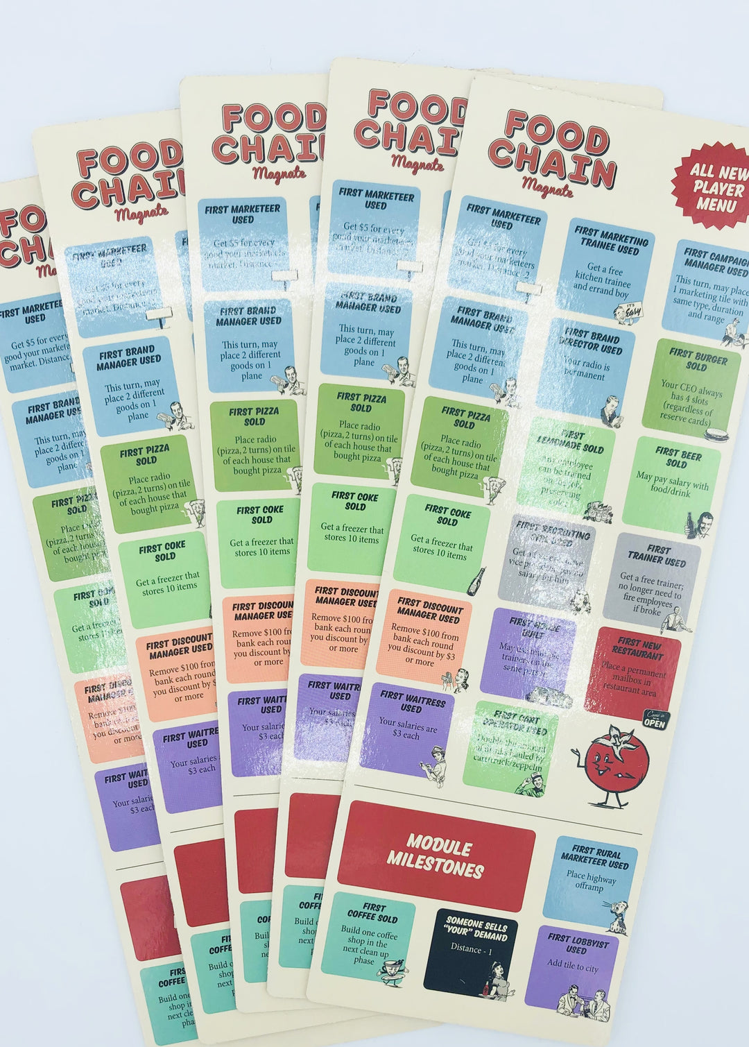 Food Chain Magnate: Milestone Boards & Card Accordion for use with the board game F, Food Chain Magnate, Food Chain Magnate: The Ketchup Mechanic, sold at the BoardGameGeek Store