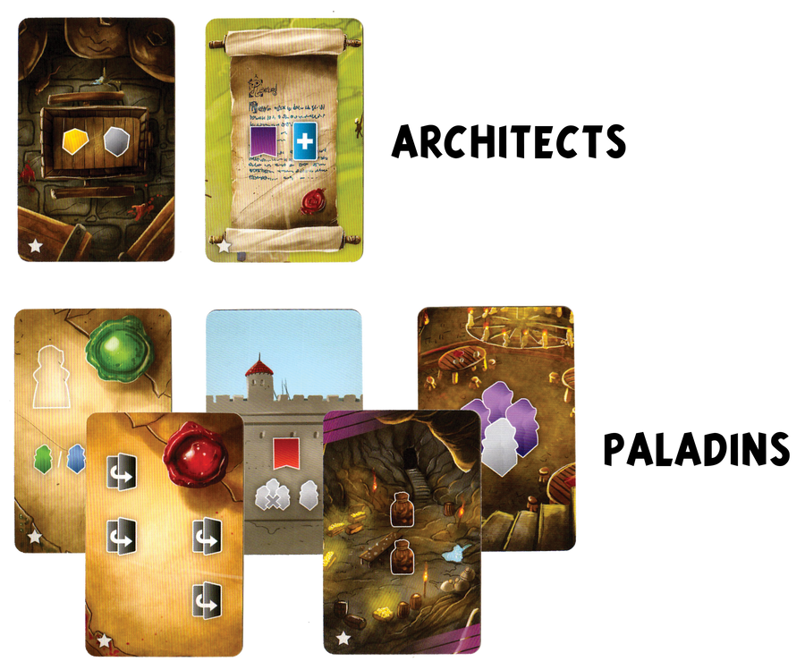 A composite image of two cards for use with the game Architects of the West Kingdom and five cards for use with the board game Paladins of the West Kingdom. Each card depicts imagery from their respective game: seals, scrolls, castle walls, castle rooms, and caves.
