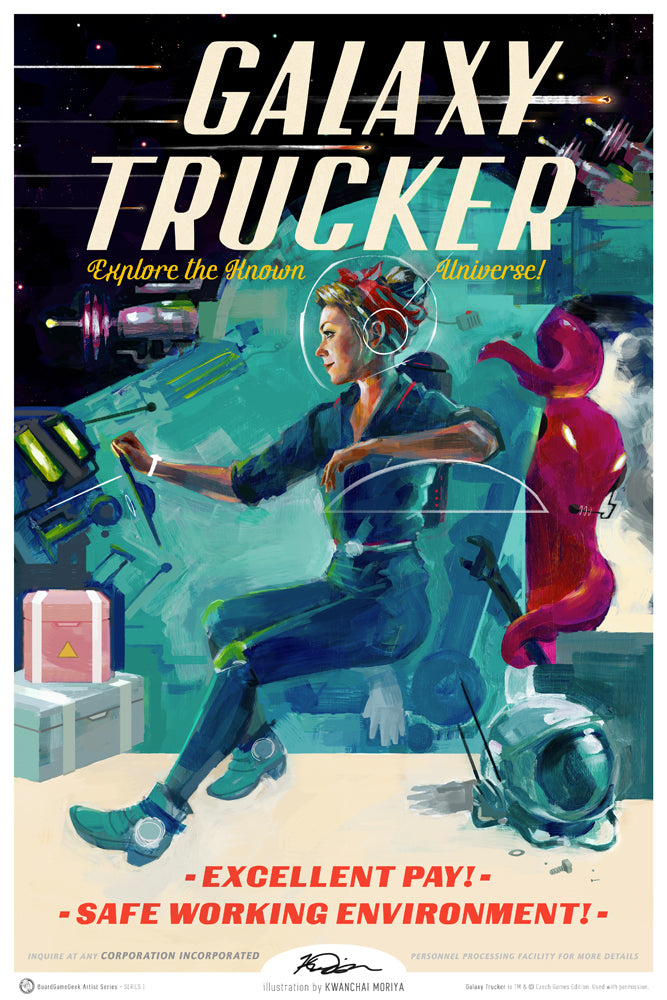 A unique image for the board game Galaxy Trucker, sold as part of BoardGameGeek's Artist Series prints. This image looks like a vintage recruitment poster, with a female figure driving a spaceship and a purple, blob-like alien holding a wrench behind her.