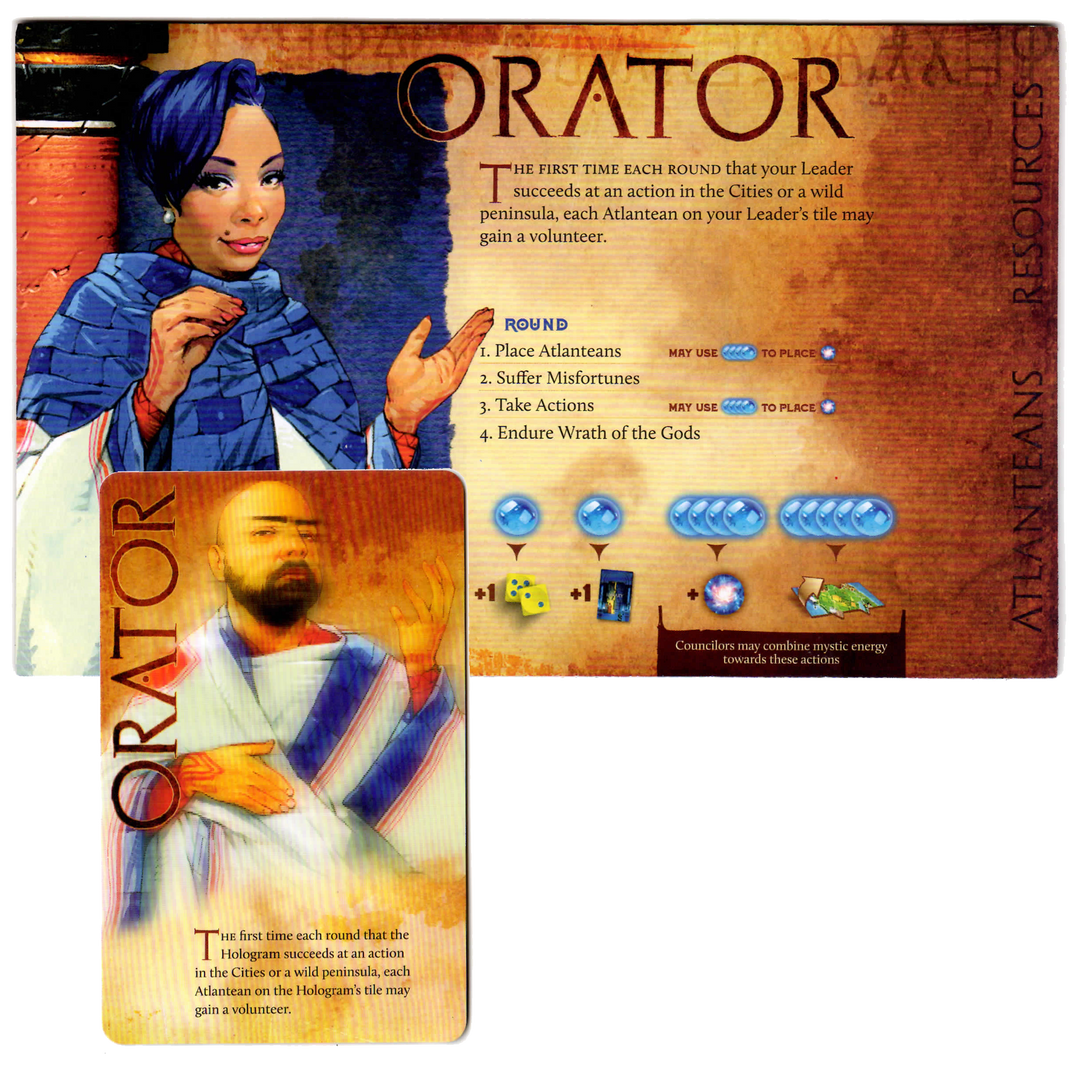 A composite image showing one side of the card and player board for the Orator promo for use with the board game Atlantis Rising. One side of the board shows a woman in blue and white robes on the left, text with the board's name, explanation, and symbols relavant to the game on the right side. The card shows an intentionally blurry image of a bearded man in blue and white robes, is labelled Orator on the left side, and has descriptive text about the card at the bottom. 