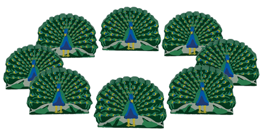 Eight identical, painted, wooden tokens of a Indian peafowl, for use with the board game Wingspan.