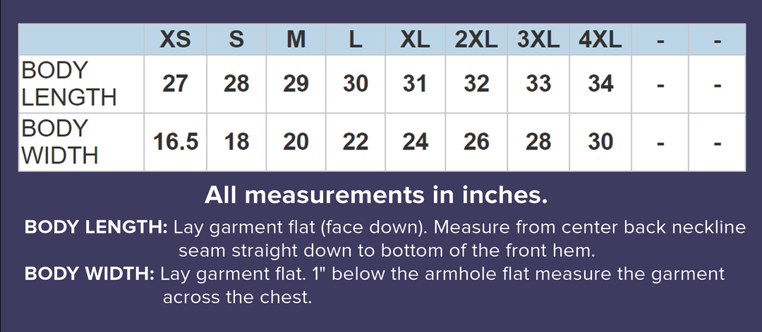 A sizing chart for t-shirts based on body length and body width measurements, with a description on how to obtain those two measurements on other clothes.