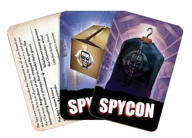The back side of the three card promo set for use with the board game SpyCon. Two of the cards have the game's name printed at the bottom, and an illustration of a cardboard box on one card and a garment bag on the other. The third card contains text that describes the promo's use in the game.