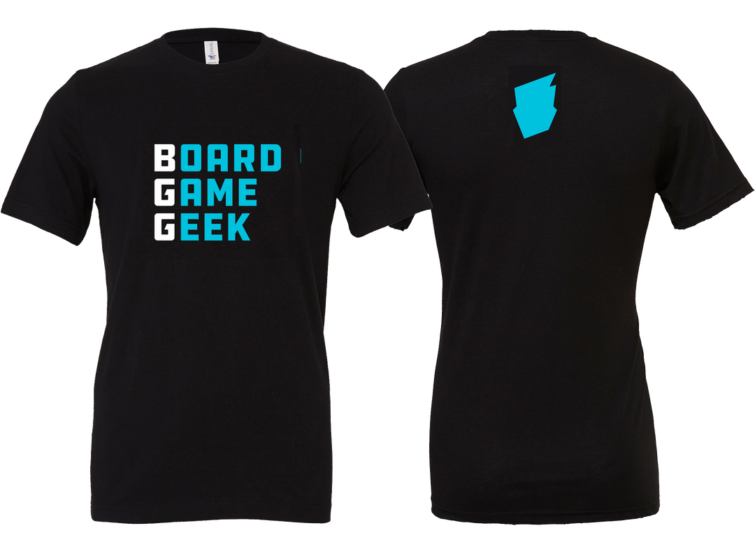 A picture of the front and back of a black t-shirt. On the front, the shirt is printed with the words "BoardGameGeek", with "BGG" in white letters and the rest in aqua letters. On the back, the BoardGameGeek logo is pictured in aqua on the upper center on the shirt.