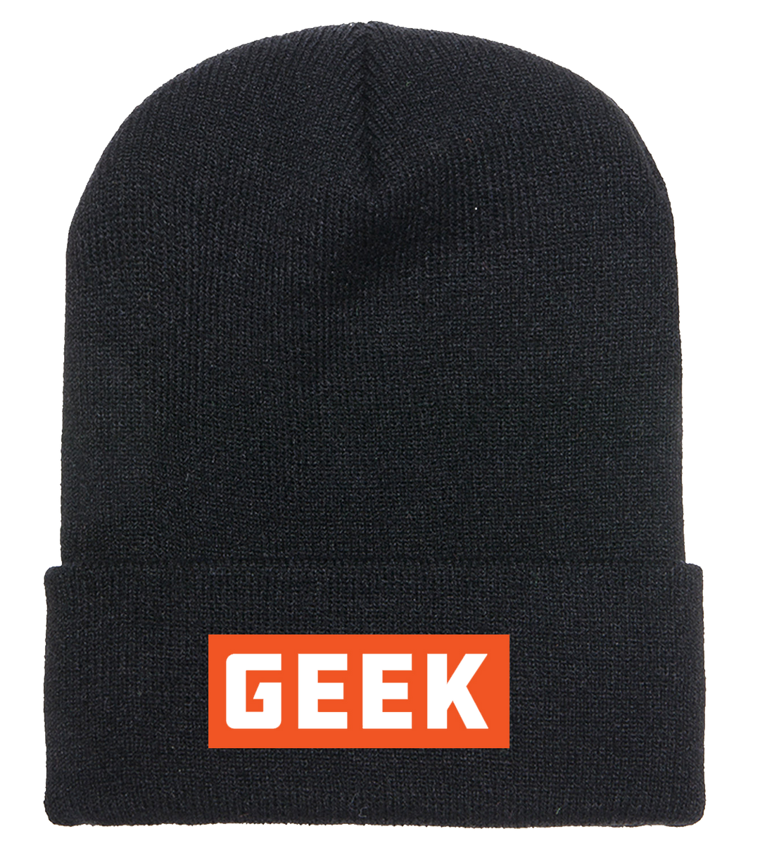 A photo of a black, knit ski cap with a orange embroidered label that contains the word GEEK stitched in white.