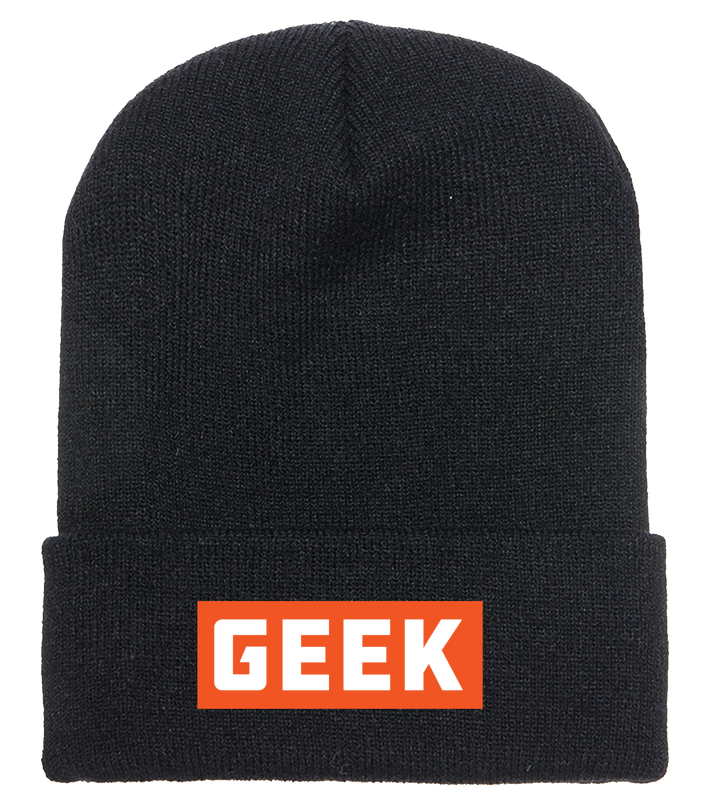 A photo of a black, knit ski cap with a orange embroidered label that contains the word GEEK stitched in white.