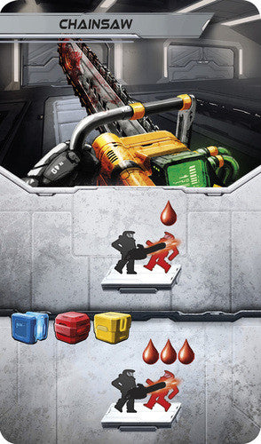 The full image of the promo card Chainsaw for the board game Adrenaline, depicting a bloody chainsaw on the top half and the symbols that describe the card's effects on the bottom half.