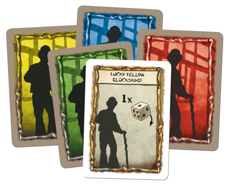A group of five example cards from the board game Auf dew Walz. Four of the cards show an identical silhouette of a man with a walking stick, with a background in one of four colors: yellow, green, blue, and red. The remaining card shows the show silhouette, is labelled "Lucky Fellow" in both English and German, and shows a picture of a die.  