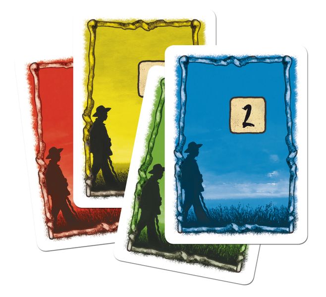 Four example cards from the board game Auf der Walz. Each card is printed with the number 2 and a silhouette of a man walking with a stick. The cards are tinted in the four player colors: red, yellow, green, and blue.