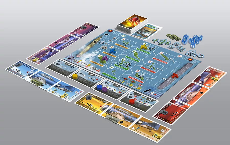 All of the components from the board game 1942: USS Yorktown, laid out and ready to play