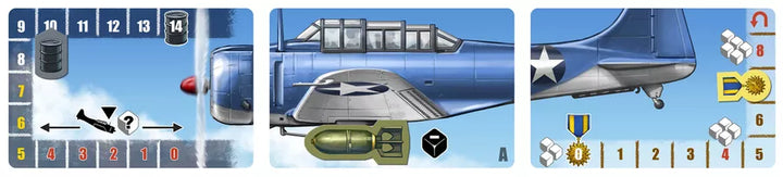 Three of the cards from the board game 1942: USS Yorktown depicting the front, middle, and back end of an airplane