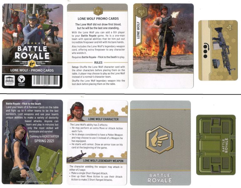 A composite image of both the fronts and backs of the four cards in the Lone Wolf promo pack, for use with the board game Battle Royale: Flick to the Death. Cards 1 and 2 have the promo's title, barcode and a description of both the promo and the game. Card 3 has an image of the Lone Wolf on the front, and is labeled with a symbol and "Battle Royale" on the back. Card 4 has a picture of a large gun on one side and a green crate on the reverse.