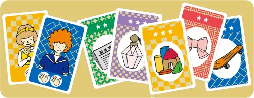 A composite image of seven cards from the board game Before The Guests Arrive. Two cards show cartoon images of children. The other five card each show a single item: a newspaper, a perfume bottle, blocks, a bow, and a skateboard.