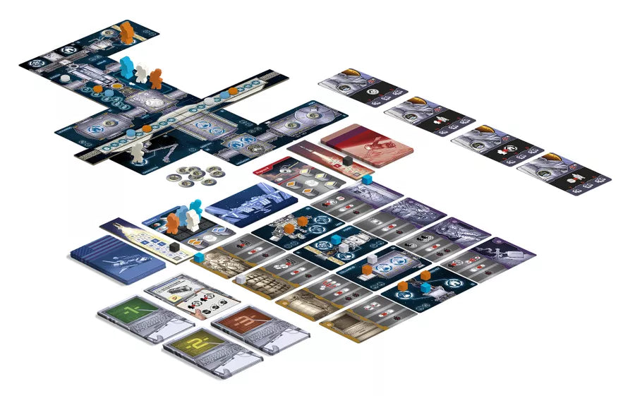 Overview of all of the components of the board game 1998: ISS, laid out and ready to play