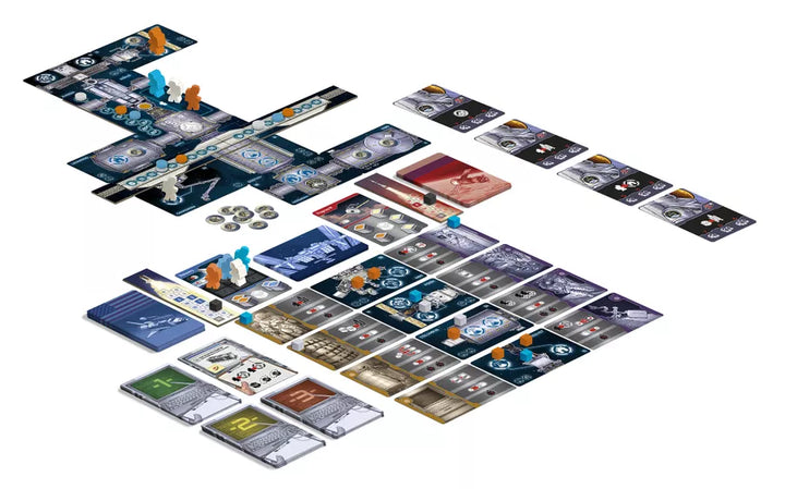 Overview of all of the components of the board game 1998: ISS, laid out and ready to play