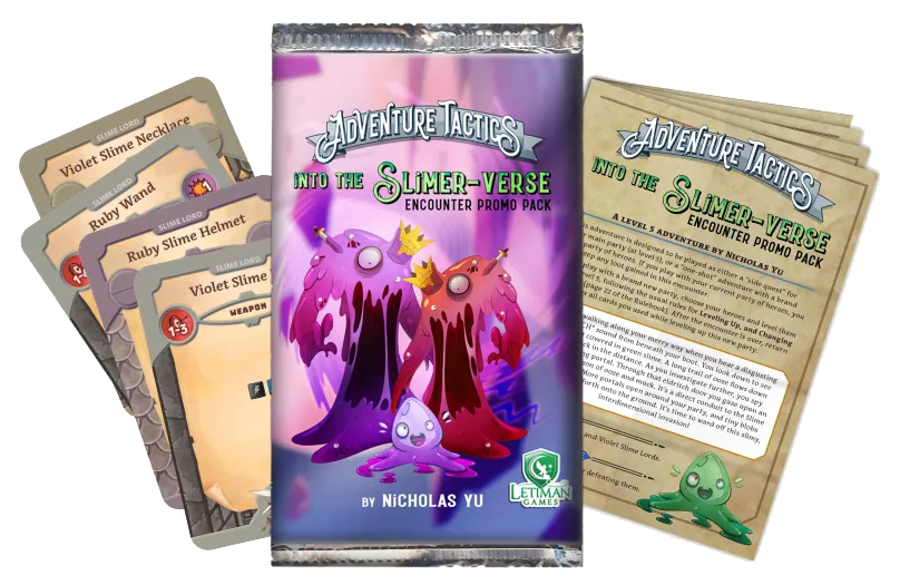 Into the Slimer-verse promo pack for the board game Adventure Tactics, depicting the imagery on the front of the packaging, the front of the rules sheet, and the four included loot cards.