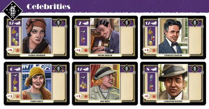 Example of six cards from the board game 1923 Cotton Club, titled "Celebrities", each featuring unique illustrations of men and women in 1930's-styled clothing, and with symbols that describe the card's power in the game on either side.