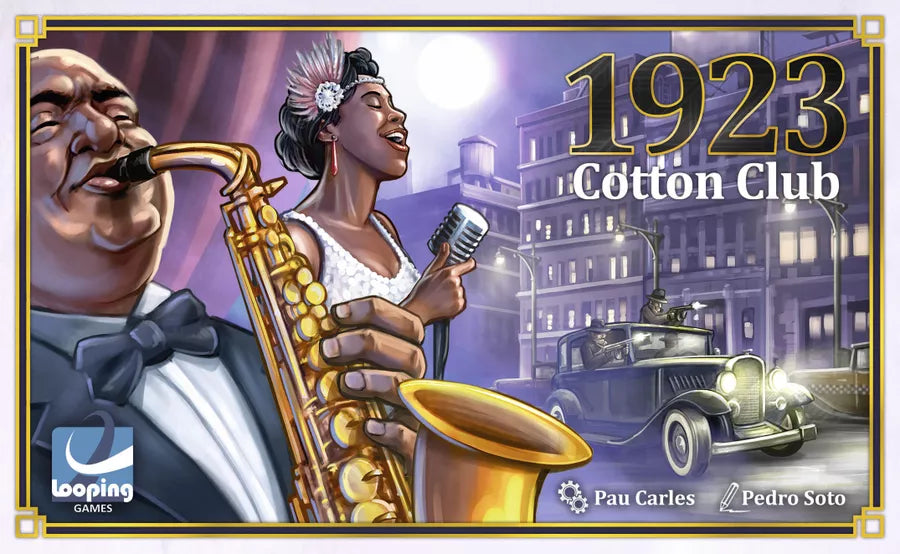 Front cover of the board game 1923 Cotton Club, featuring a cartoon illustration of a black saxophone player and a black jazz singer, in front of a background of gangsters firing guns through a car window on a city street. 