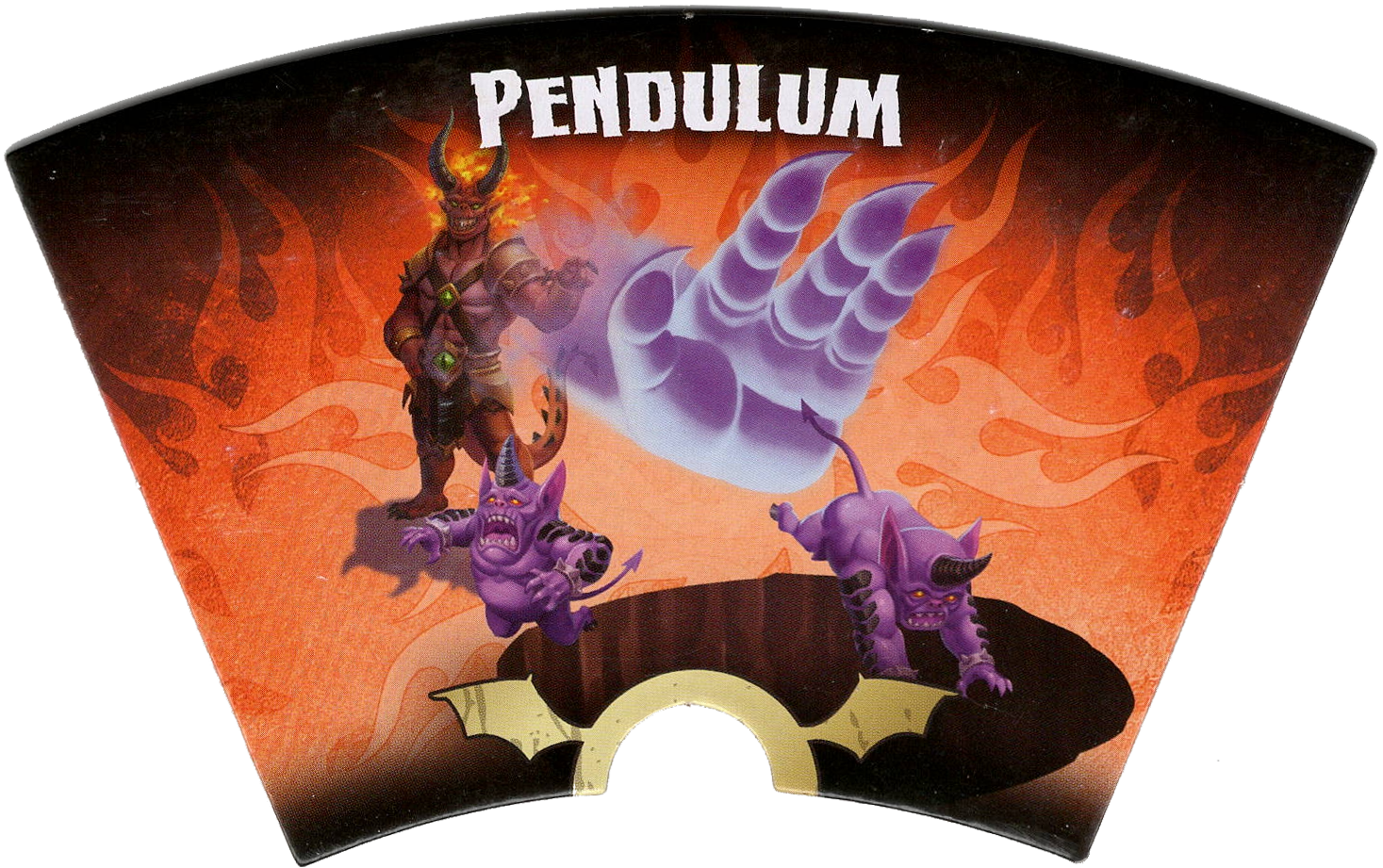 A single tile for use with the board game 9th Circle. The tile is a curved arch shape and displays an illustration of a demon using a magic hand to push smaller demons into a pit.