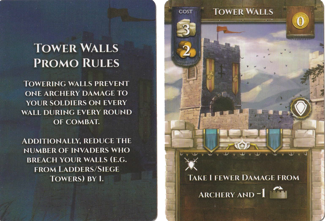 Two cards for use with the board game After the Empire. One card has text the describes the promo card's use in the game. The second card has the card's title at the top, an illustration of a castle tower and wall in the middle, and text describing the card's ability in the game at the bottom.